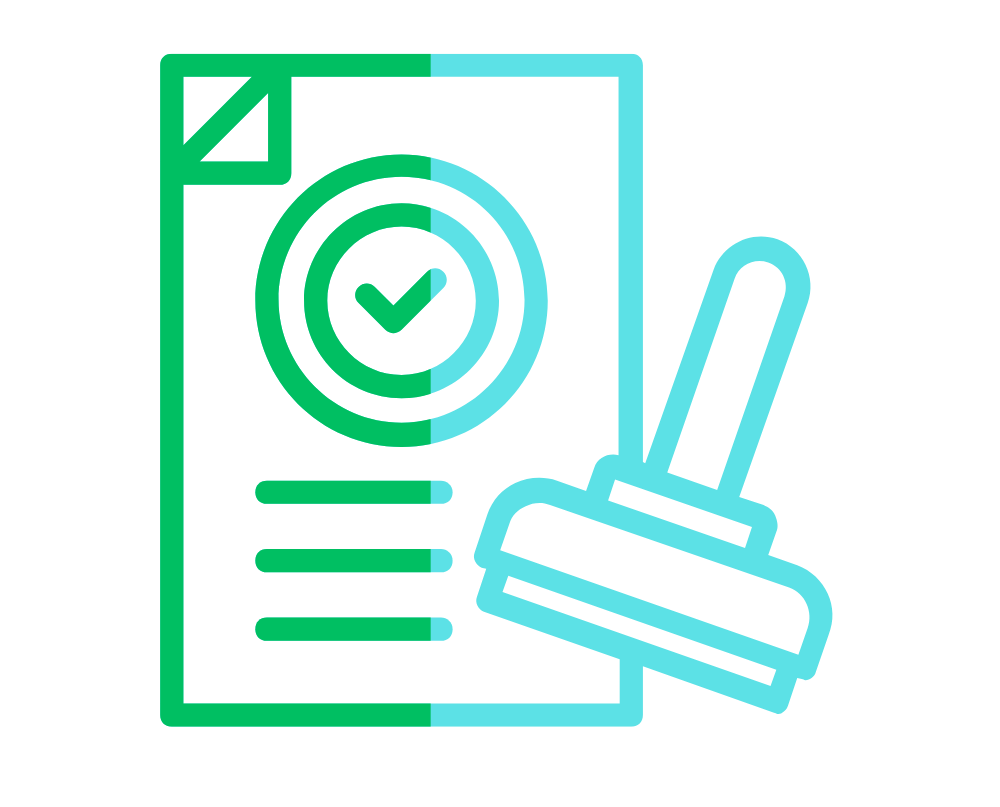 a green and blue stamp and a document